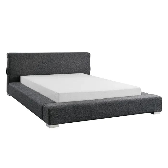 Lit double Billie TOCO Meubles gris foncé rembourré avec ports USB et rangements intégrés, design moderne.