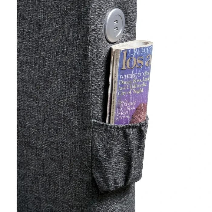 Lit Billie TOCO Meubles gris foncé avec port USB intégré et poche latérale pour rangement, tissu texturé.