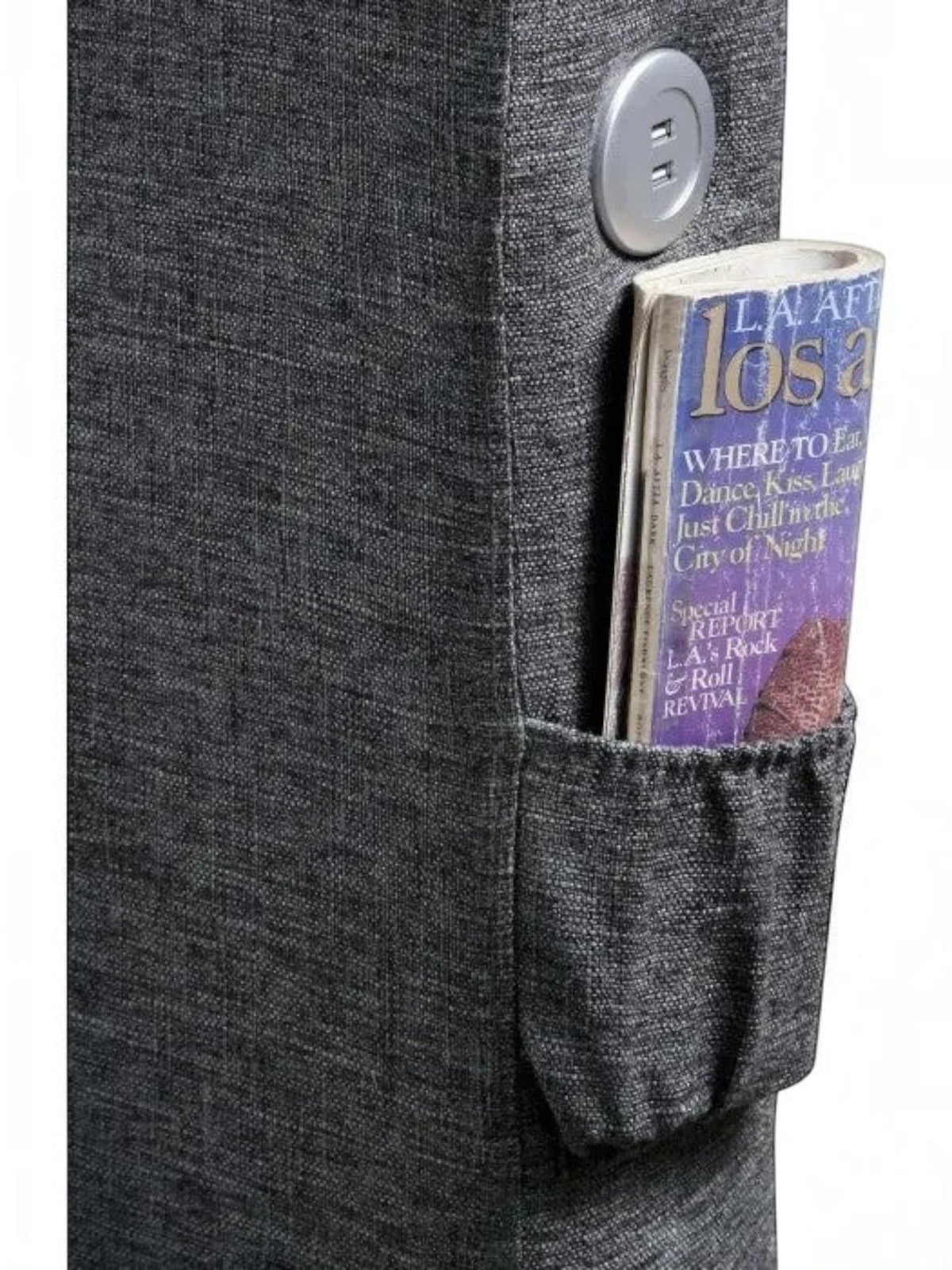 Détail de la tête de lit rembourrée grise TOCO Meubles avec port USB intégré et pochette de rangement latérale