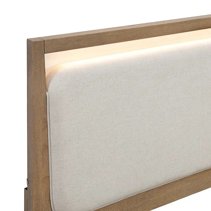 Tête de lit TOCO Meubles en bois brun clair avec éclairage LED intégré et rembourrage texturé crème.