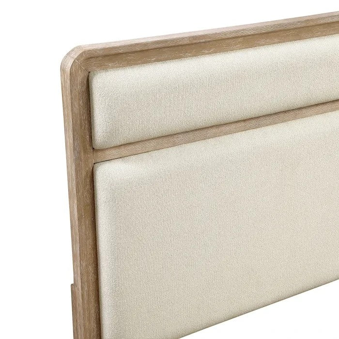 Tête de lit TOCO Meubles en bois clair et tissu chenille crème, design moderne et épuré.