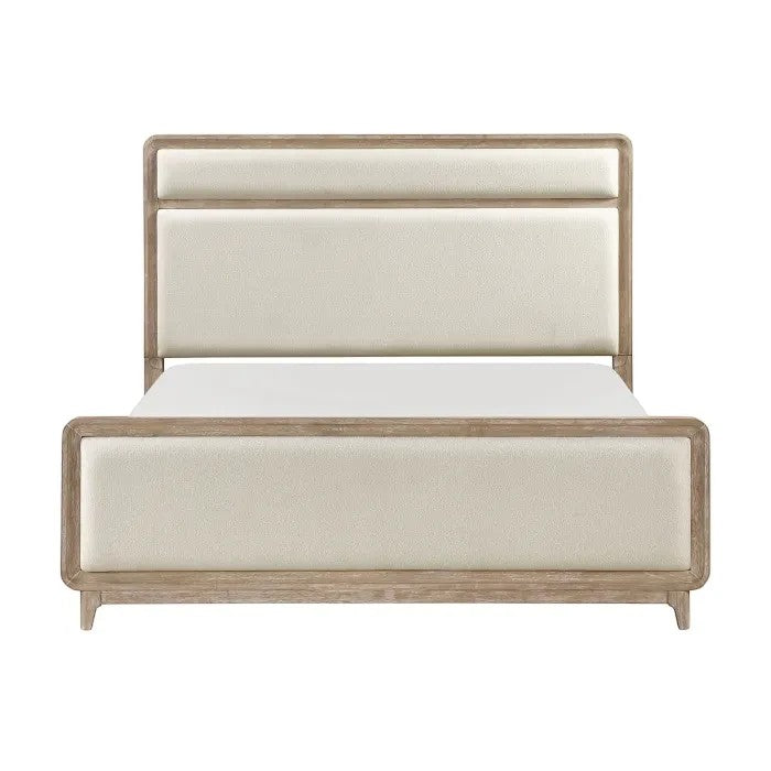 Lit Bonnie TOCO Meubles en bois clair et tissu chenille crème, tête et pied de lit rembourrés, design moderne.