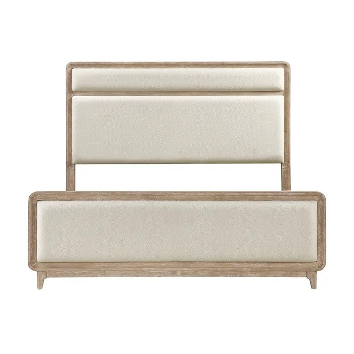 Lit Bonnie TOCO Meubles en bois clair avec tête et pied de lit rembourrés en tissu chenille crème.