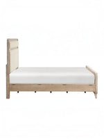 Lit Bonnie TOCO Meubles en bois de chêne naturel avec tête de lit rembourrée en tissu chenille beige, vue latérale.