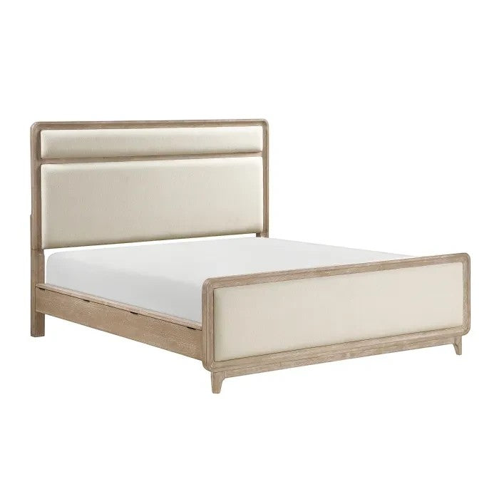 TOCO Meubles Lit Bonnie grand lit en bois naturel avec tête et pied de lit rembourrés en tissu chenille crème