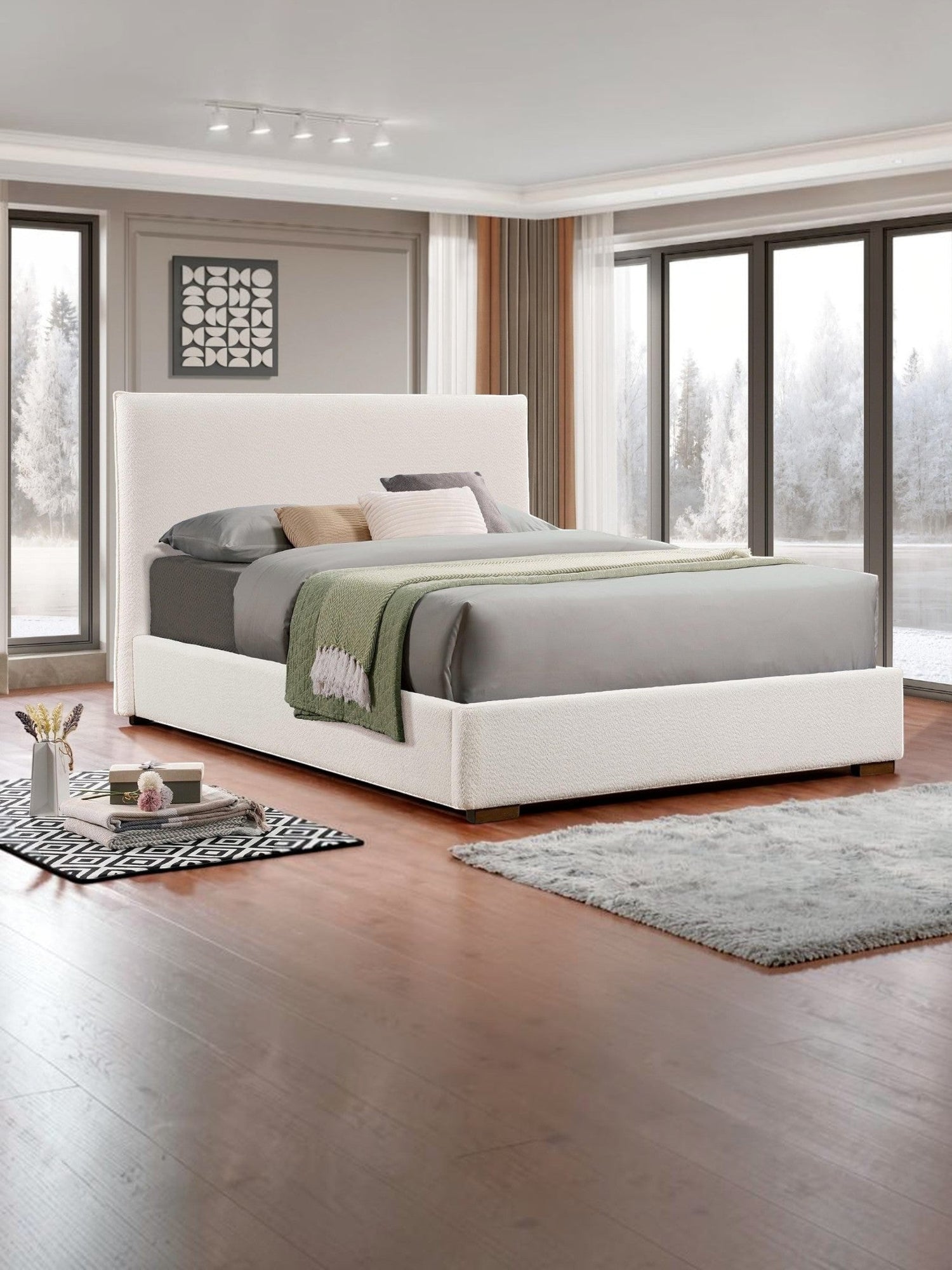 Grand lit Noemie TOCO Meubles en tissu bouclé beige avec tête de lit haute et design plateforme moderne