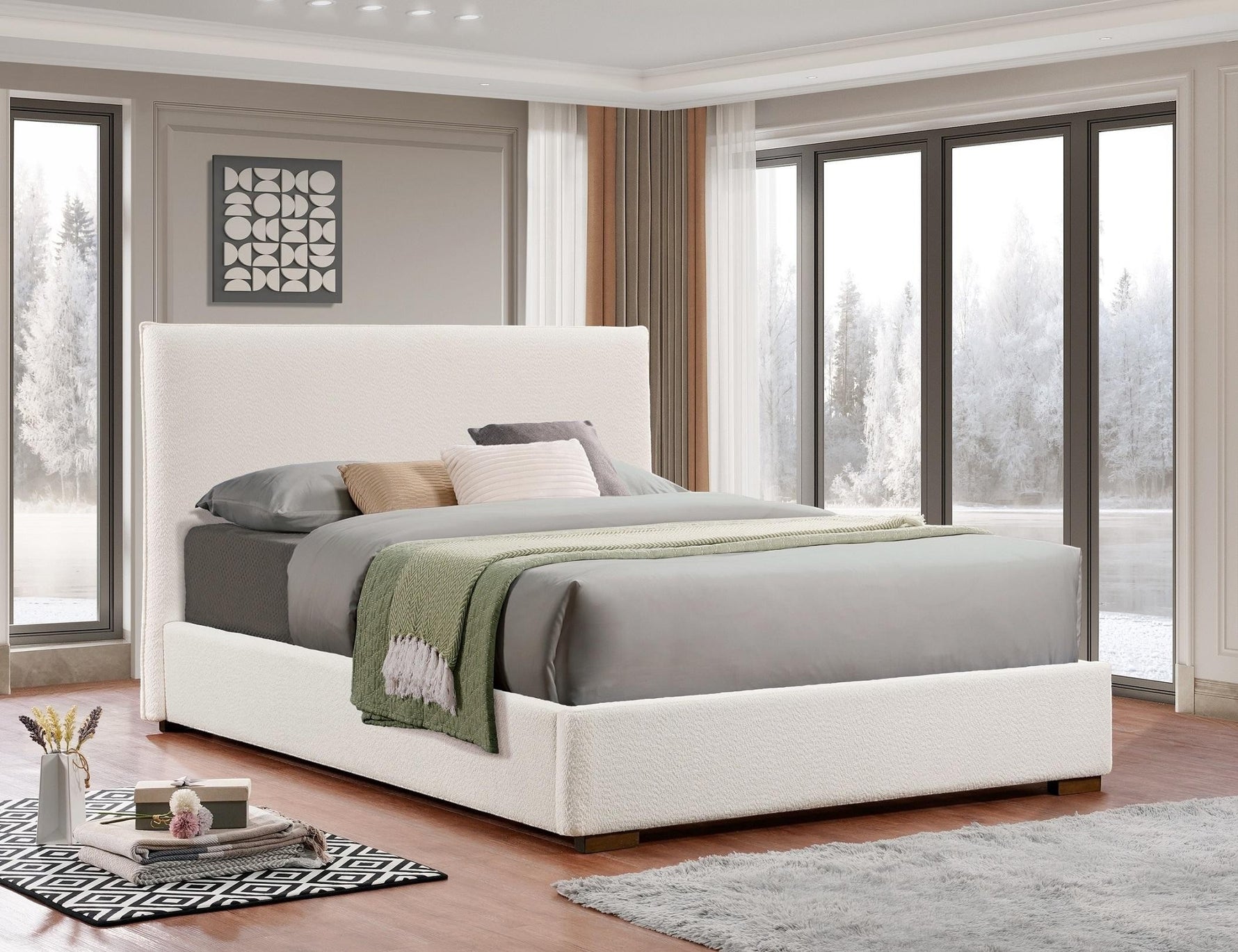Lit plateforme moderne TOCO Meubles Noémie en tissu bouclé blanc cassé, avec tête de lit haute et base basse.