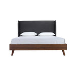 TOCO Meubles Grand Lit Cesar, lit plateforme avec tête de lit rembourrée gris foncé et cadre imitation noyer, style Mid-Century Modern.