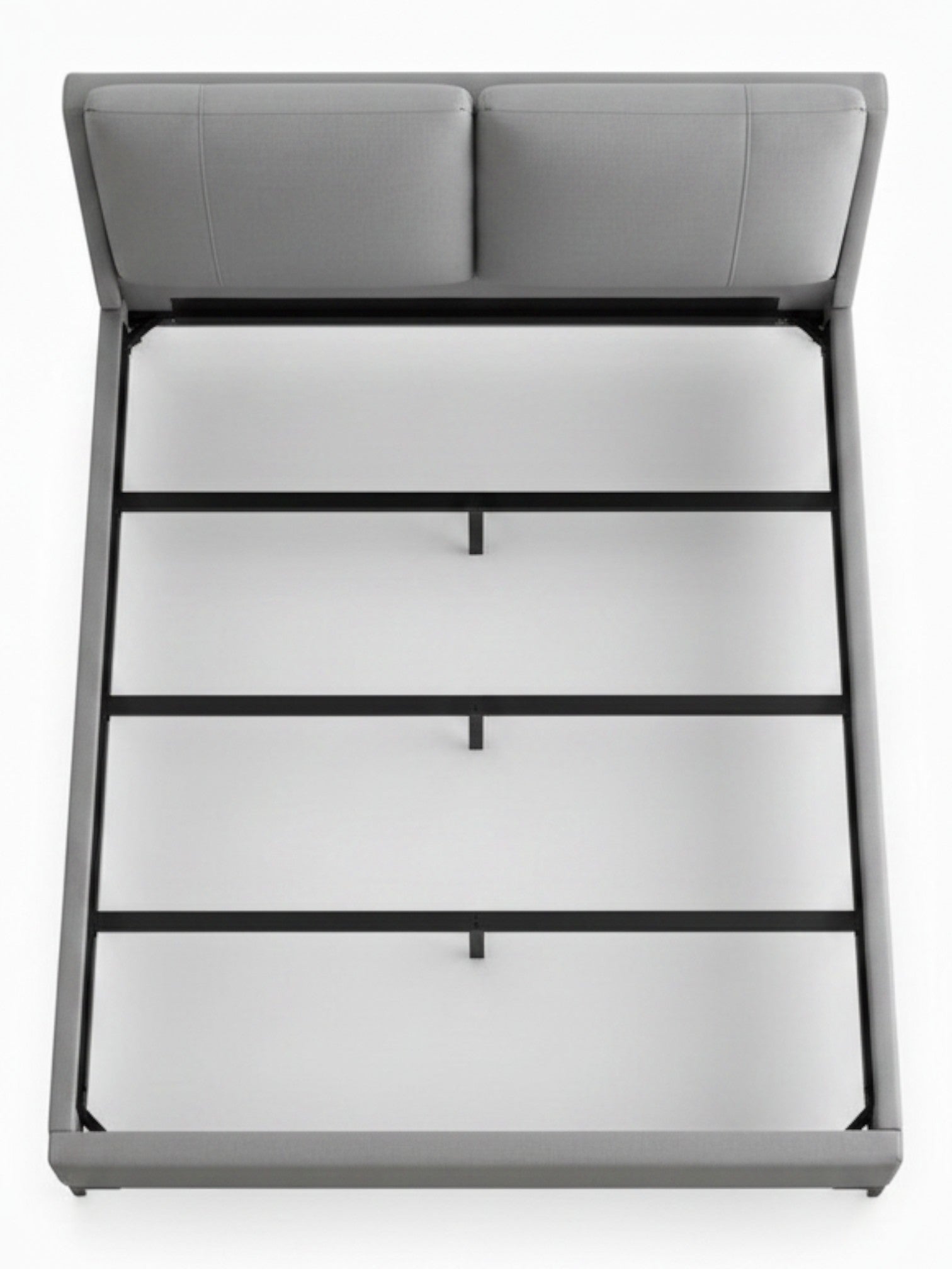 Lit plateforme TOCO Meubles Camille gris en similicuir avec tête de lit rembourrée et structure en acier noir