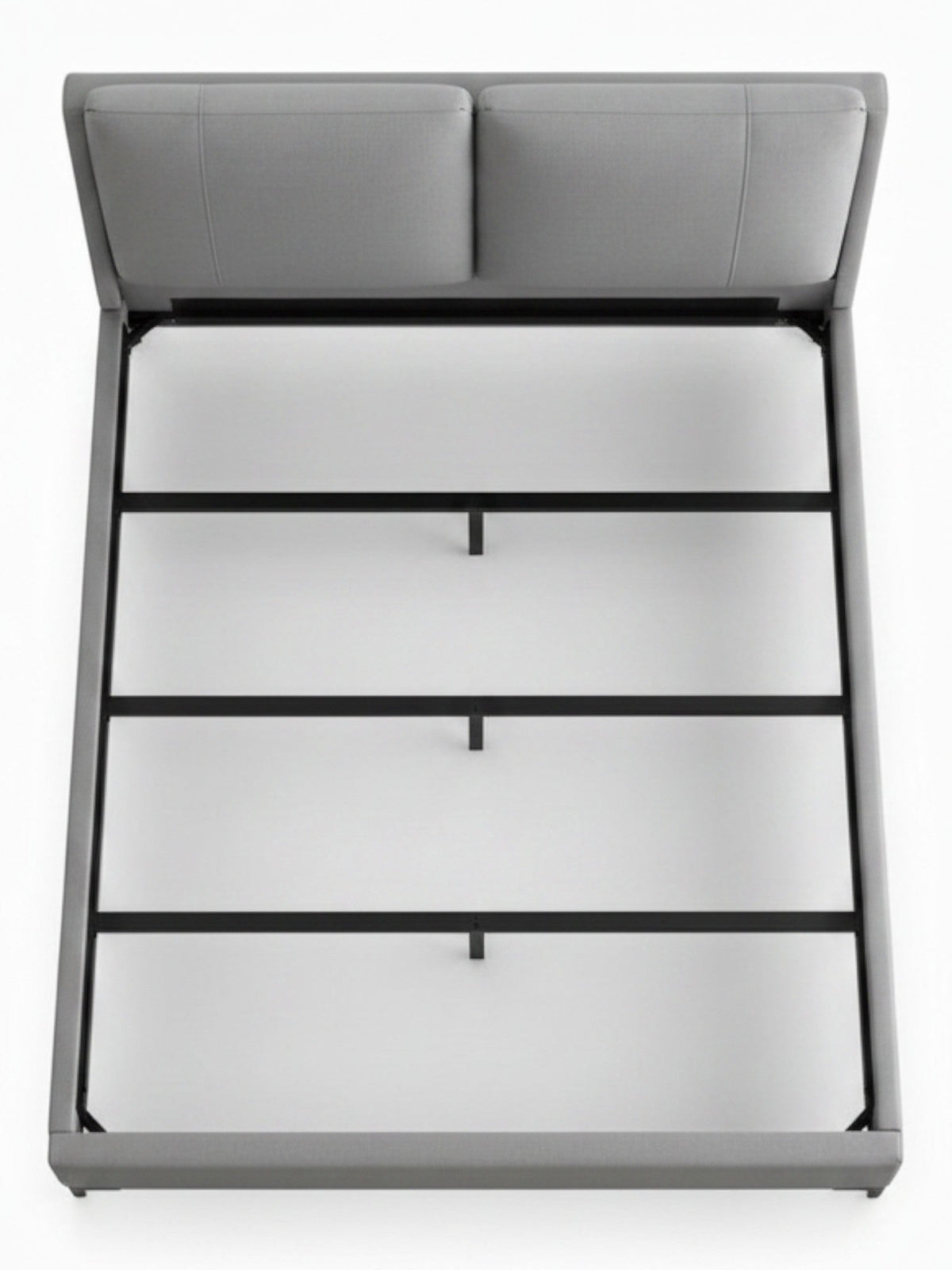 Lit plateforme TOCO Meubles Camille gris en similicuir avec tête de lit rembourrée et structure en acier noir