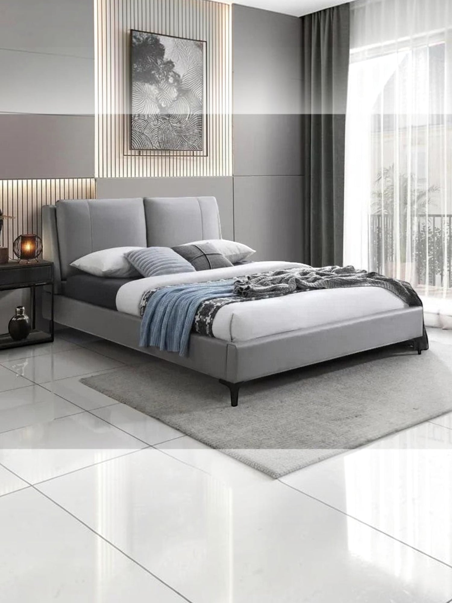 Lit plateforme TOCO Meubles Camille en similicuir gris avec tête de lit rembourrée et pieds en acier noir moderne