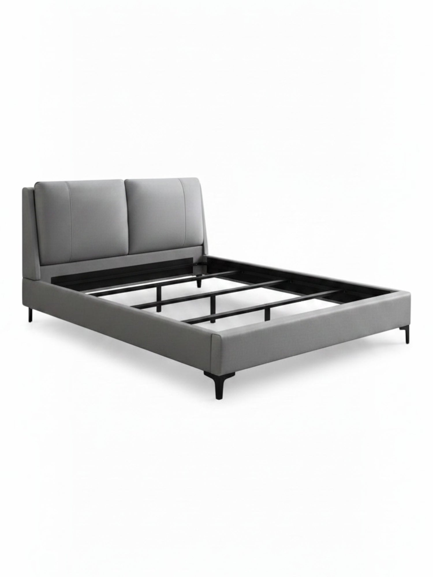Lit plateforme TOCO Meubles Camille gris en similicuir avec tête de lit rembourrée et pieds en acier noir
