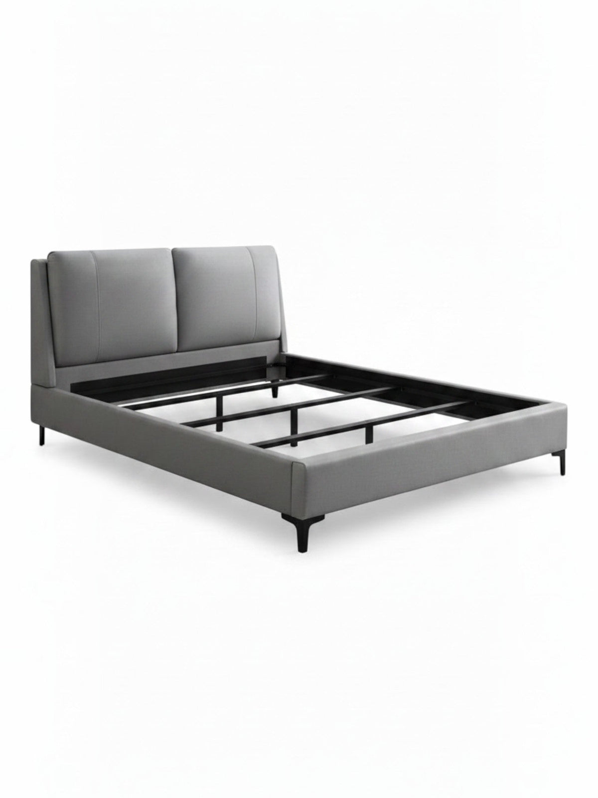 Lit plateforme TOCO Meubles Camille gris en similicuir avec tête de lit rembourrée et pieds en acier noir