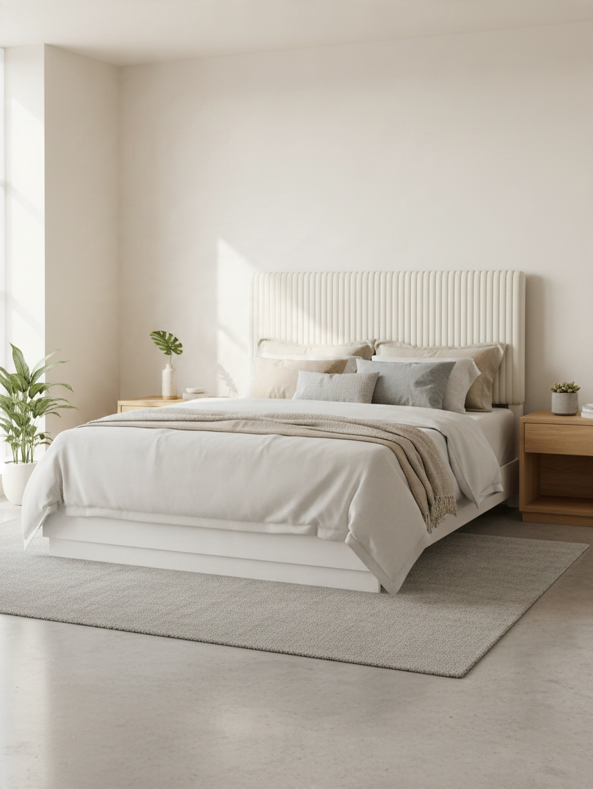 Très grand lit TOCO Meubles Céleste avec tête de lit en fausse fourrure crème capitonnée et cadre blanc perle