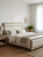 Très grand lit TOCO Meubles Bonnie en bois de chêne naturel avec tête de lit rembourrée en tissu chenille beige