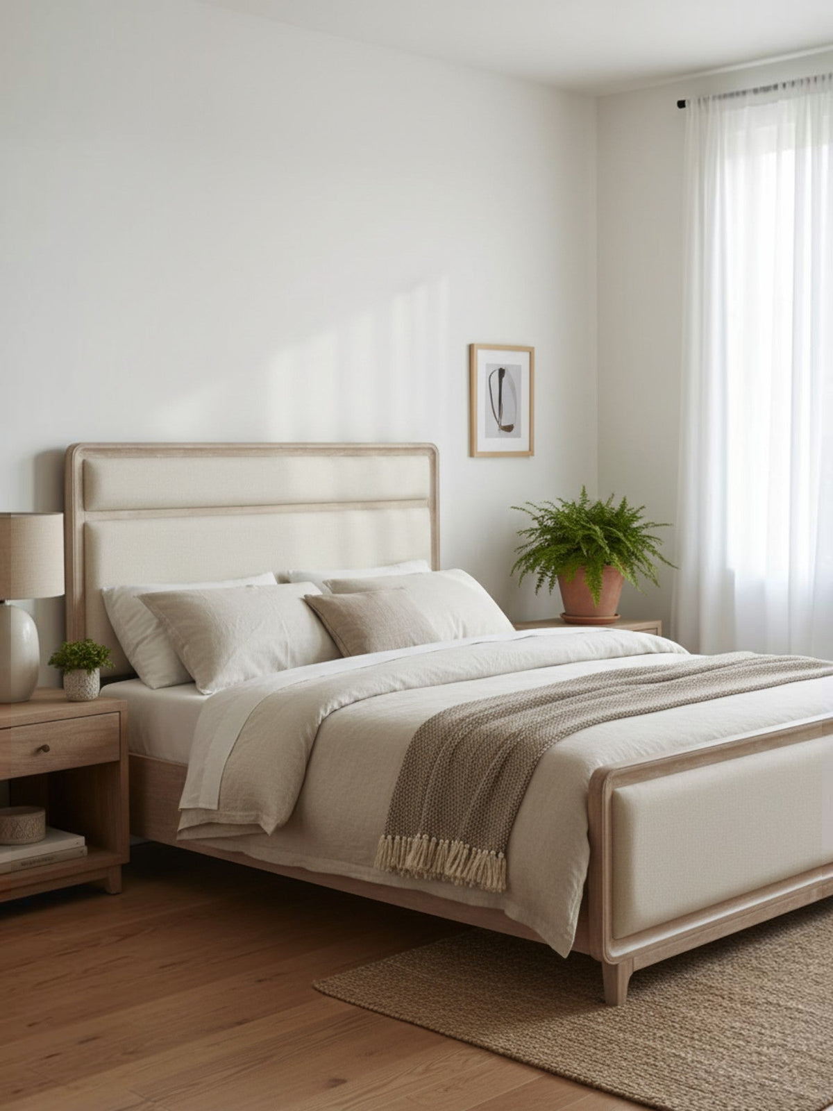 Très grand lit TOCO Meubles Bonnie en bois de chêne naturel avec tête de lit rembourrée en tissu chenille beige
