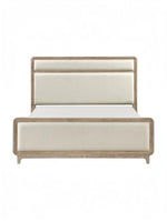 Très grand lit TOCO Meubles Bonnie en bois de chêne naturel avec tête et pied de lit rembourrés en tissu chenille beige