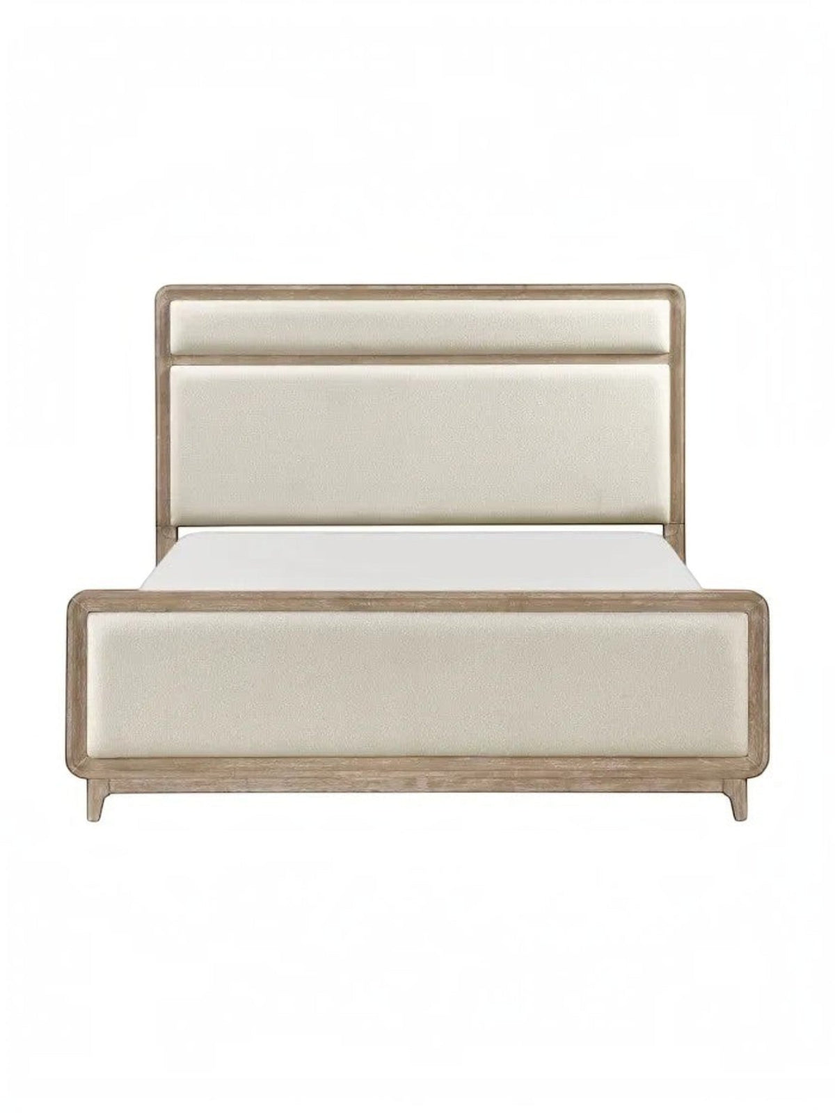 Très grand lit TOCO Meubles Bonnie en bois de chêne naturel avec tête et pied de lit rembourrés en tissu chenille beige