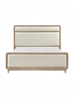Très grand lit TOCO Meubles Bonnie en bois de chêne naturel avec tête et pied de lit rembourrés en tissu chenille beige