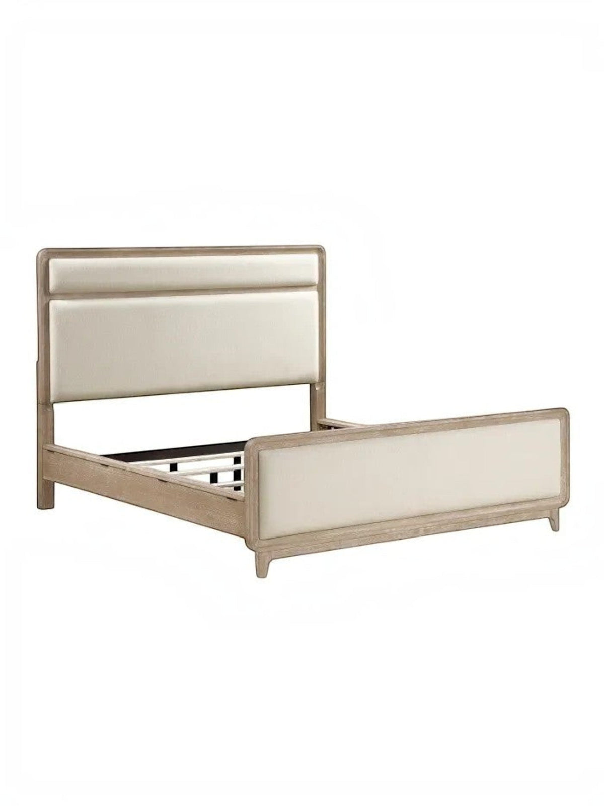 Très grand lit TOCO Meubles Bonnie en bois de chêne naturel avec tête et pied de lit rembourrés en tissu chenille beige