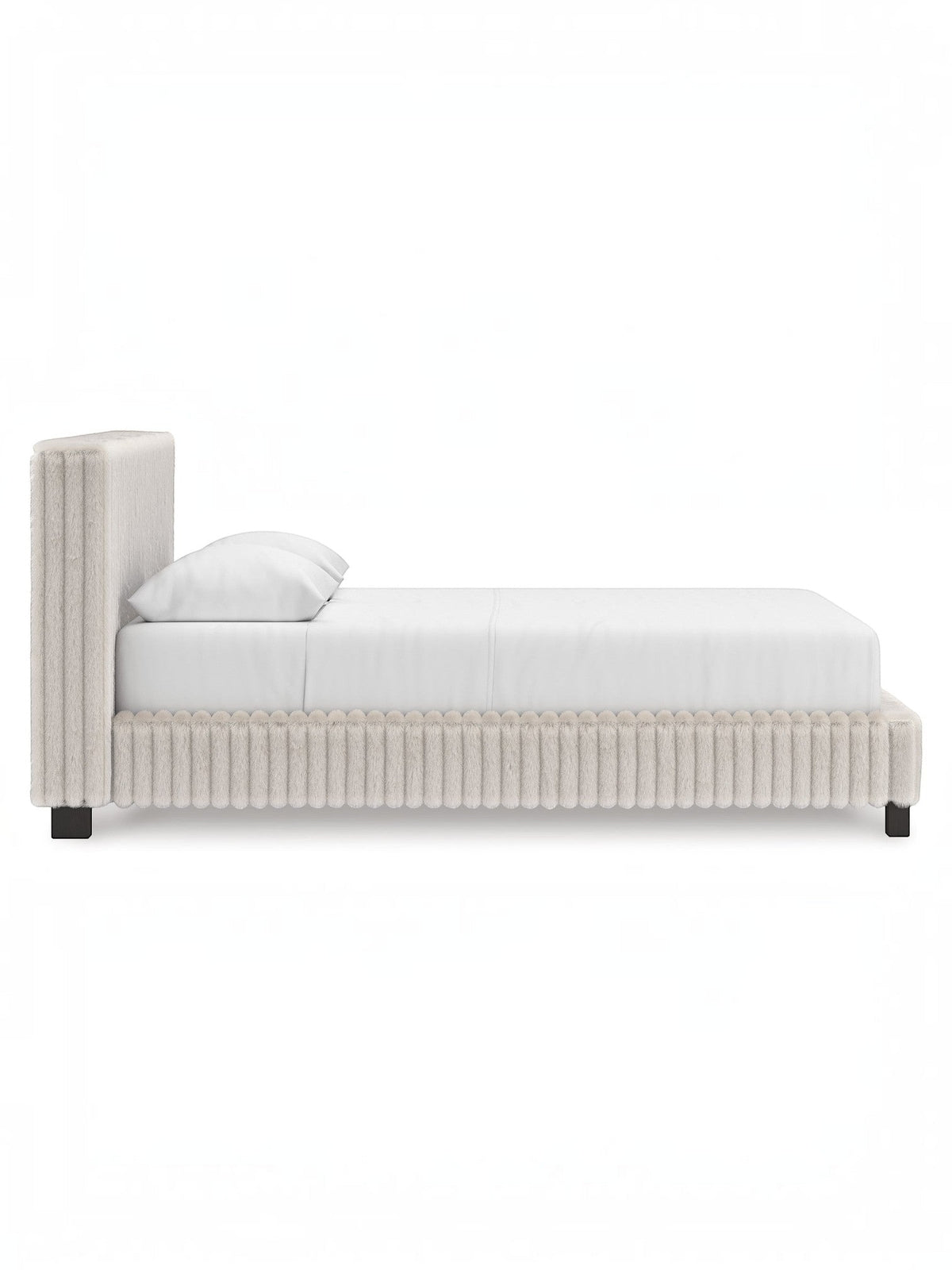 Grand Lit Chloe TOCO Meubles en tissu gris texturé côtelé, design contemporain et accueillant.