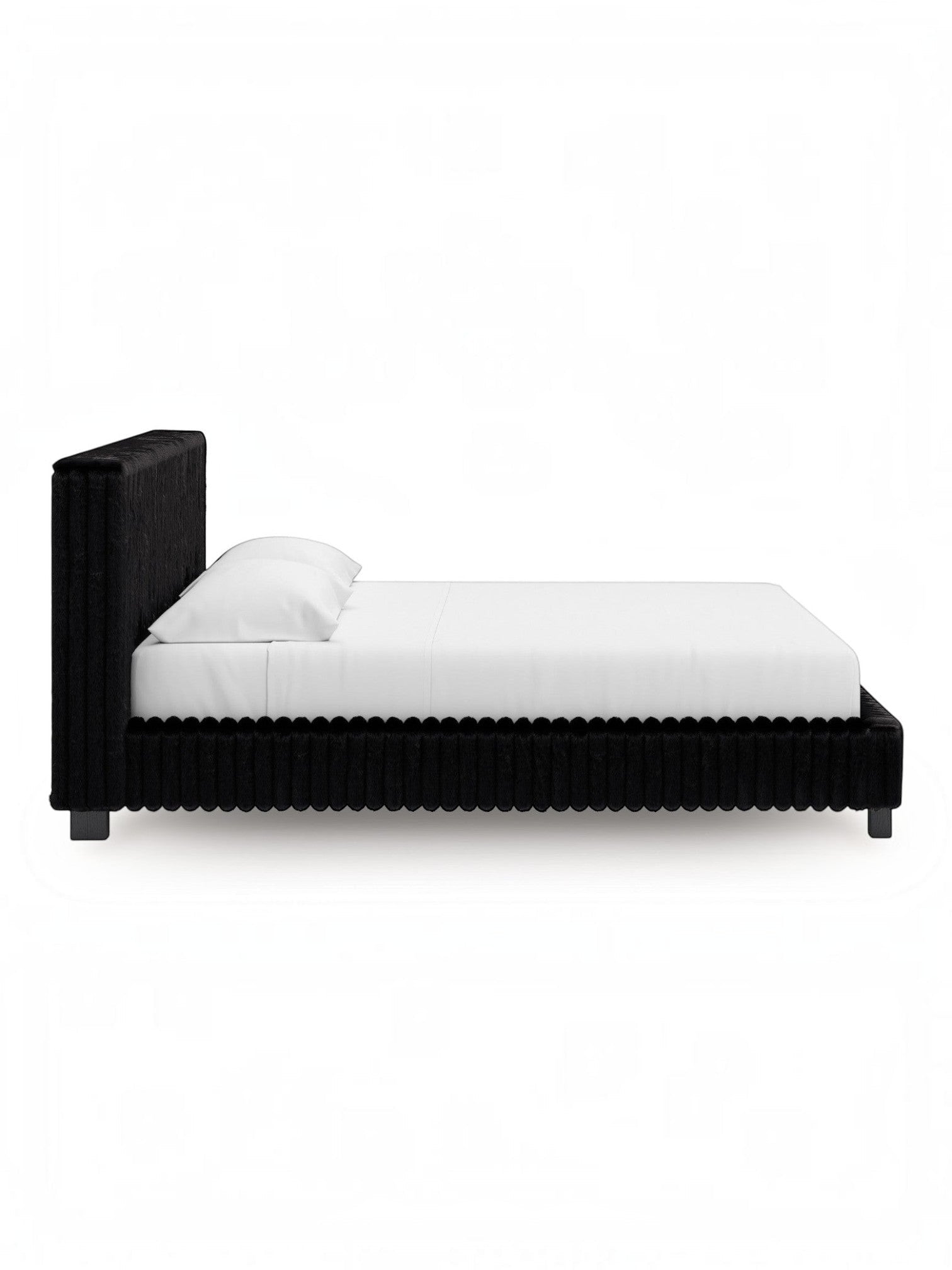 Très grand lit Chloe TOCO Meubles en tissu noir à texture côtelée, vue de profil, design contemporain et élégant.