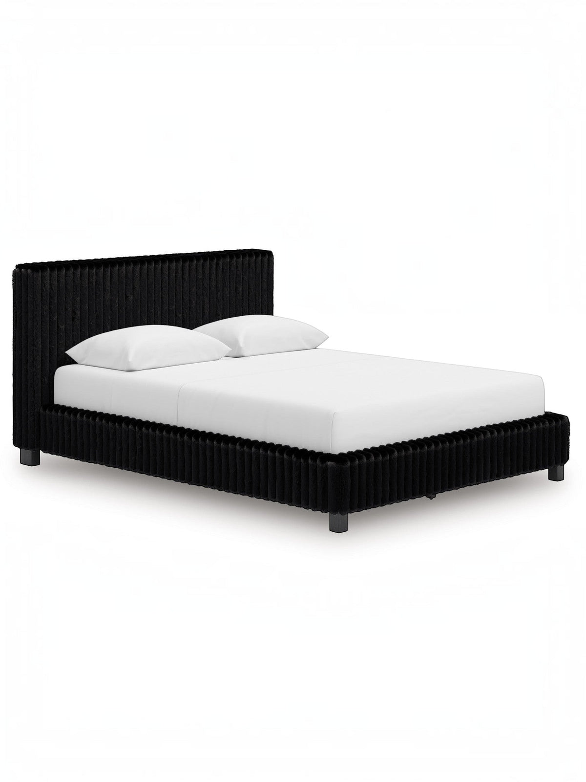 Grand lit Chloe TOCO Meubles en tissu noir texturé côtelé, design contemporain et chic.