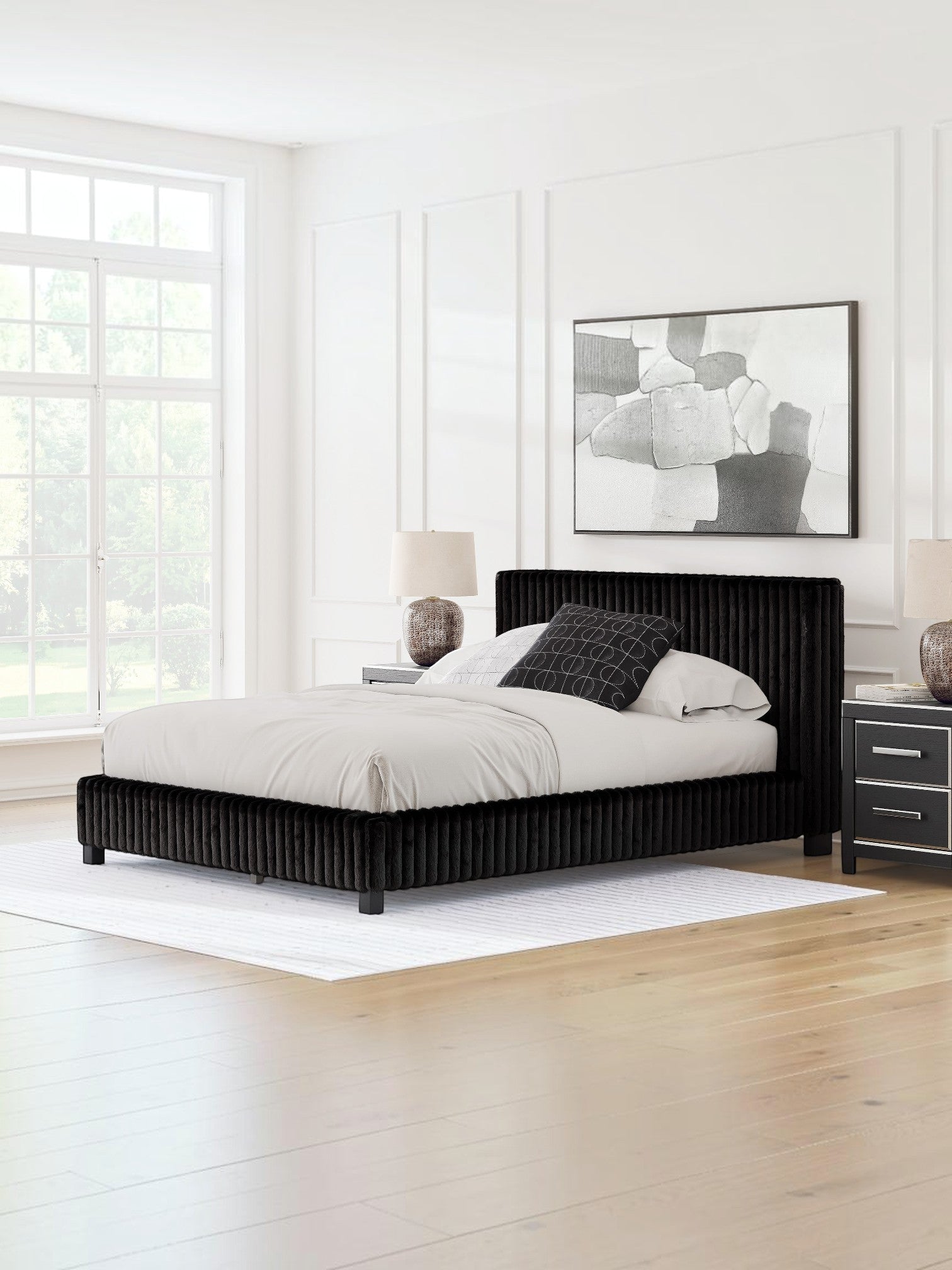 TOCO Meubles Lit Chloe noir en tissu côtelé, design contemporain et chic pour chambre à coucher.