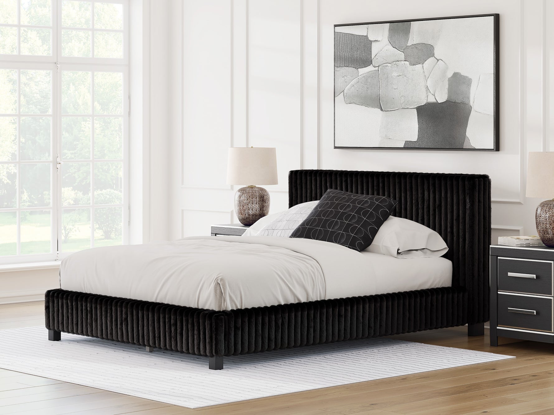 TOCO Meubles Lit Chloe noir en tissu côtelé, design contemporain et chic pour chambre à coucher.