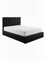 Lit coffre TOCO Meubles Colette noir avec tête de lit capitonnée et sommier intégré pour un rangement optimisé.