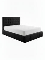 Lit coffre TOCO Meubles Colette noir avec tête de lit capitonnée et sommier intégré pour un rangement optimisé.