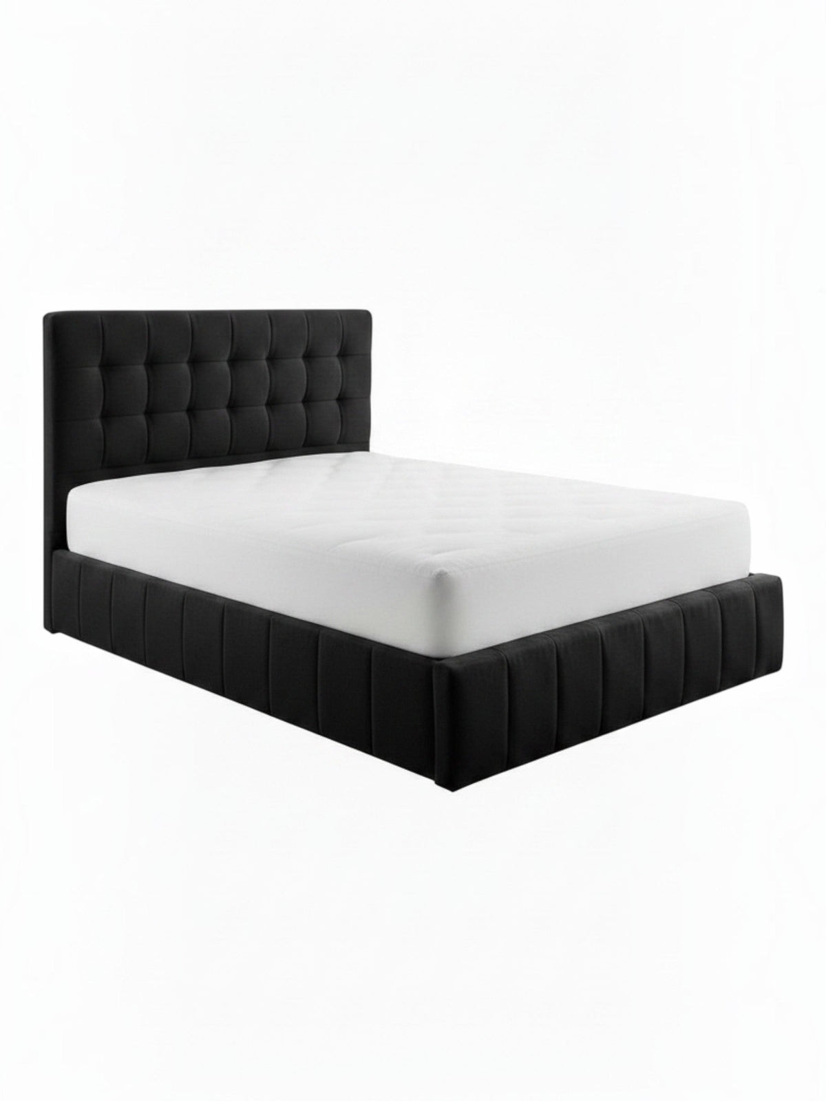 Lit coffre TOCO Meubles Colette noir avec tête de lit capitonnée et sommier intégré pour un rangement optimisé.