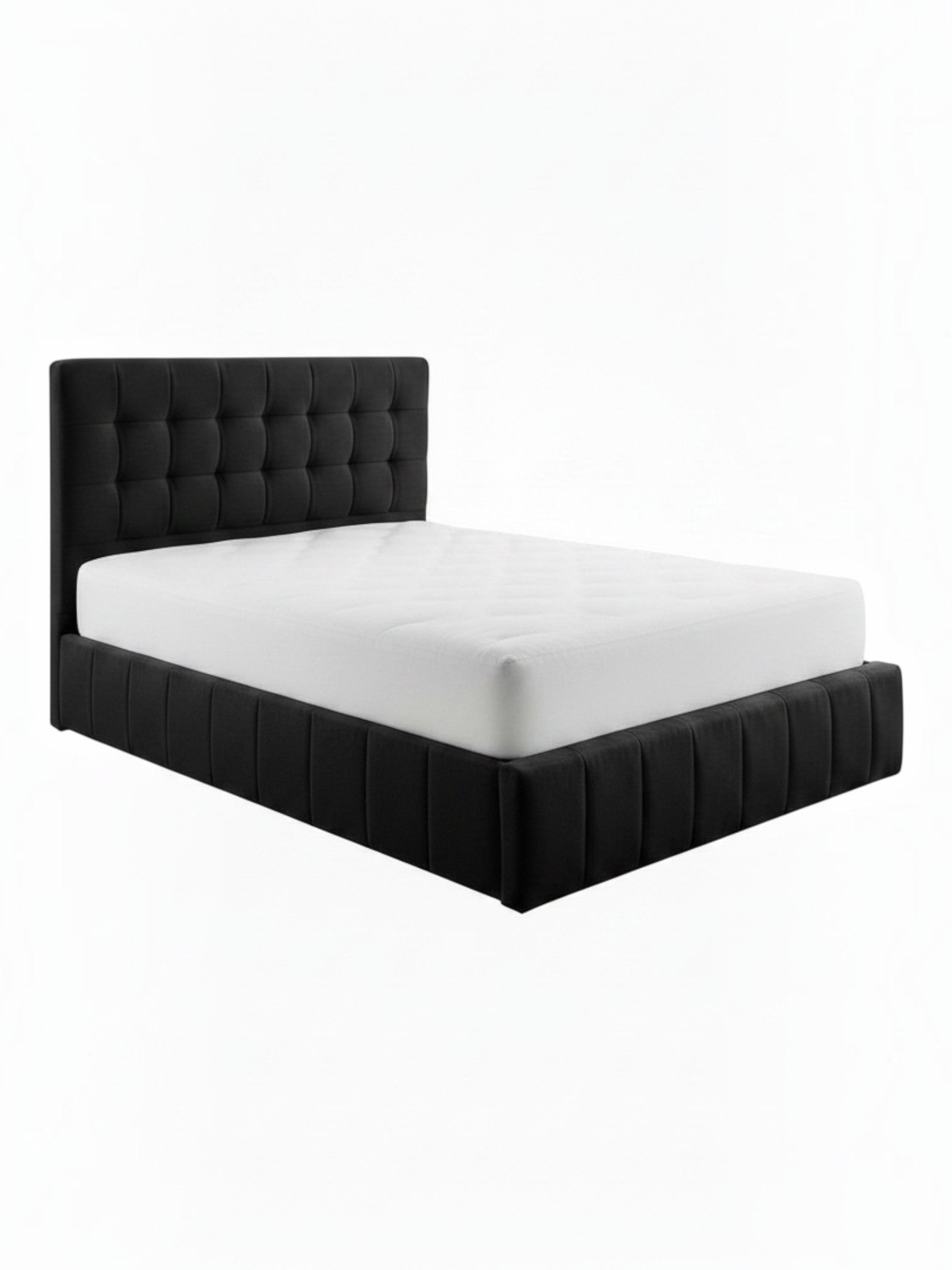 Lit coffre TOCO Meubles Colette noir avec tête de lit capitonnée et sommier intégré pour un rangement optimisé.