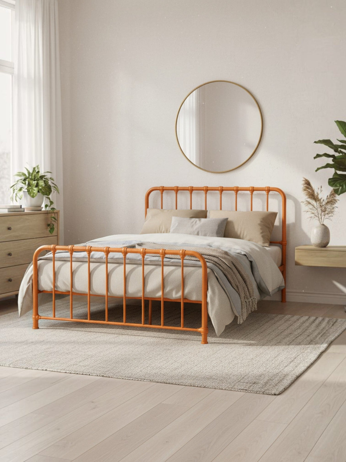 Lit double Daisy TOCO Meubles en métal orange vif au design classique avec tête et pied de lit arrondis