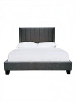Lit plateforme TOCO Meubles Dante gris foncé en tissu effet lin avec tête de lit capitonnée et clous décoratifs