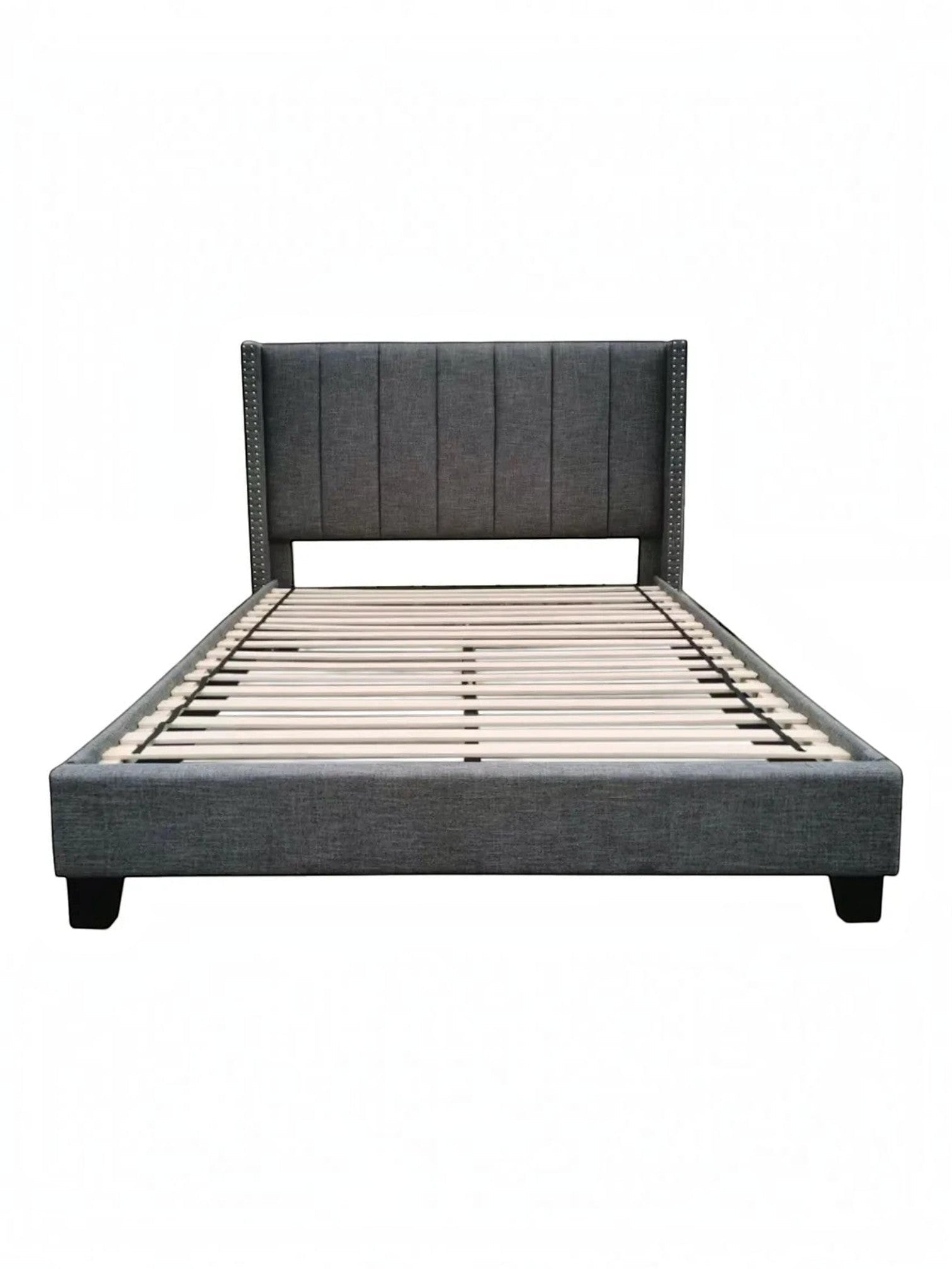 Lit très grand format TOCO Meubles gris foncé effet lin avec tête de lit capitonnée à canaux et clous décoratifs
