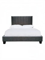 Lit plateforme TOCO Meubles Dante gris foncé en tissu effet lin avec tête de lit capitonnée et clous décoratifs