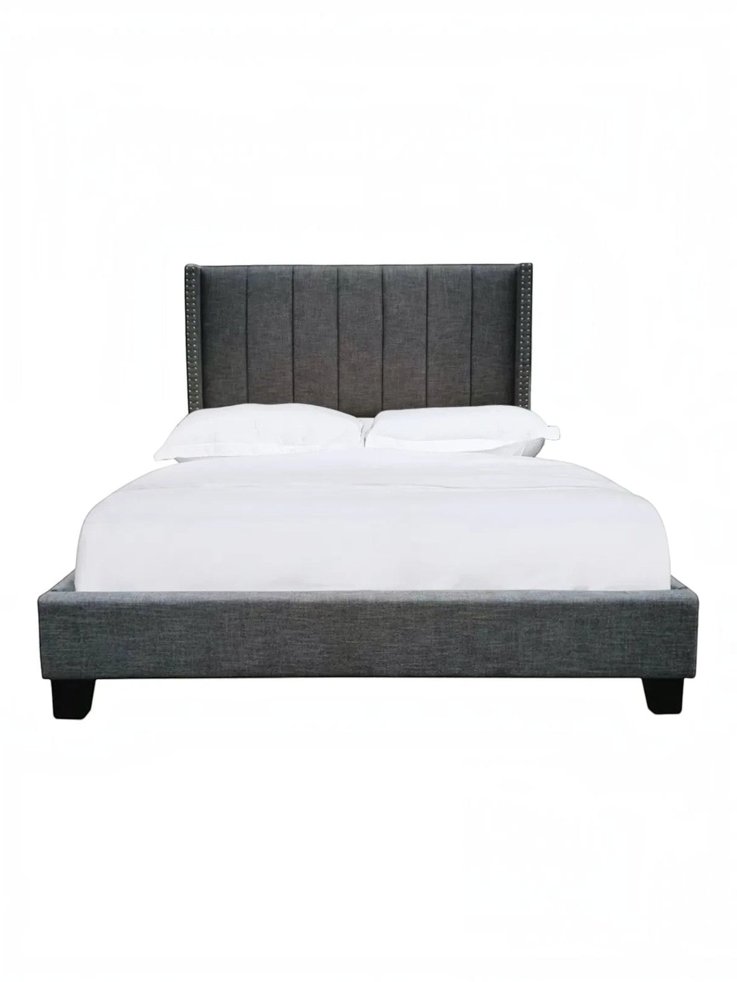 Lit plateforme TOCO Meubles Dante gris foncé en tissu effet lin avec tête de lit capitonnée et clous décoratifs