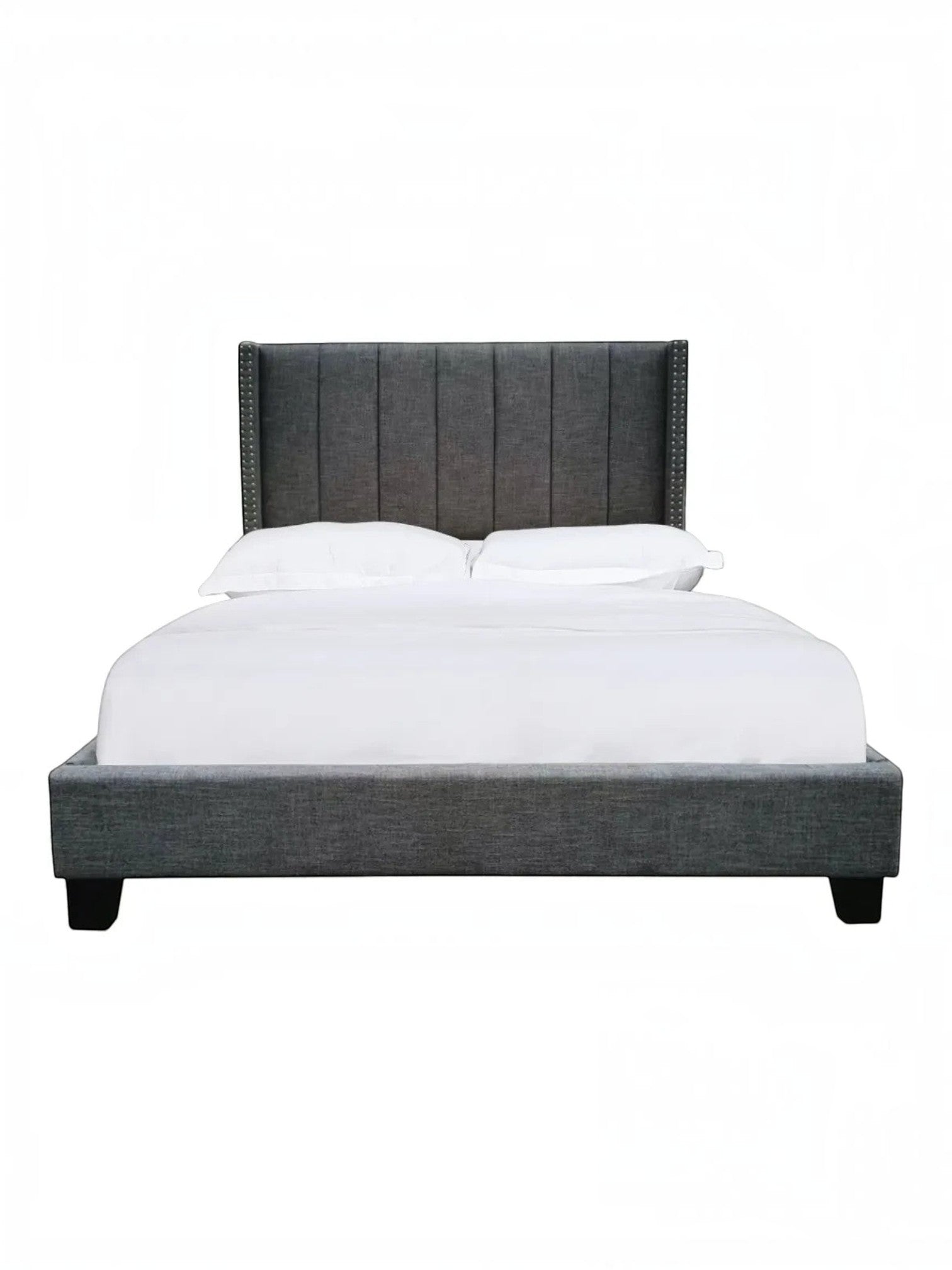 Très grand lit TOCO Meubles Dante gris foncé effet lin avec tête de lit capitonnée à canaux et clous décoratifs
