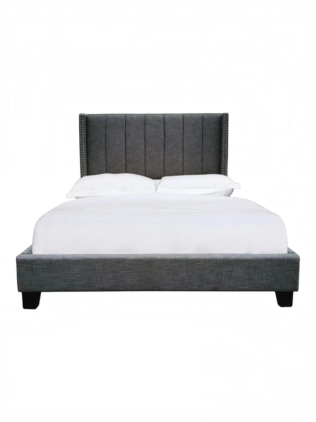 Très grand lit TOCO Meubles Dante gris foncé effet lin avec tête de lit capitonnée à canaux et clous décoratifs