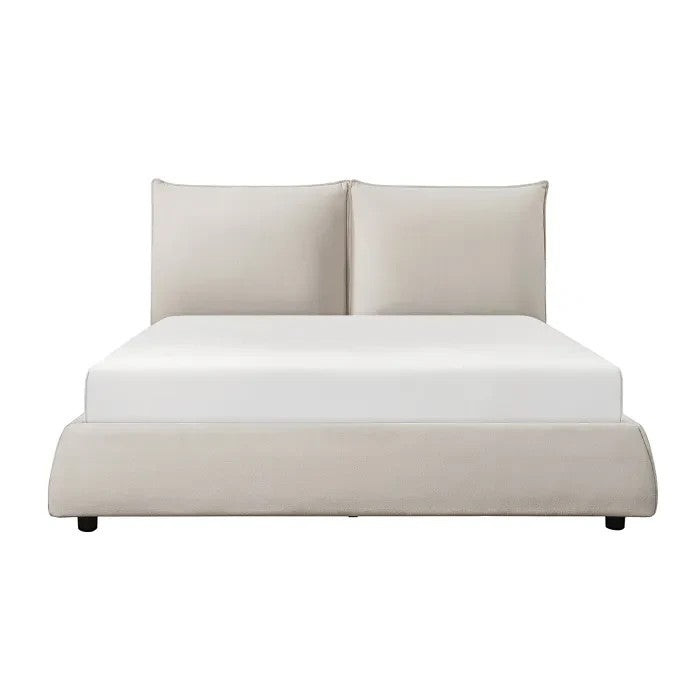 Lit Diego TOCO Meubles en tissu chenille beige avec tête de lit rembourrée et design épuré.