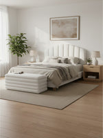 Lit double Adele TOCO Meubles plateforme blanc effet peluche avec tête de lit arrondie et pieds en bois naturel