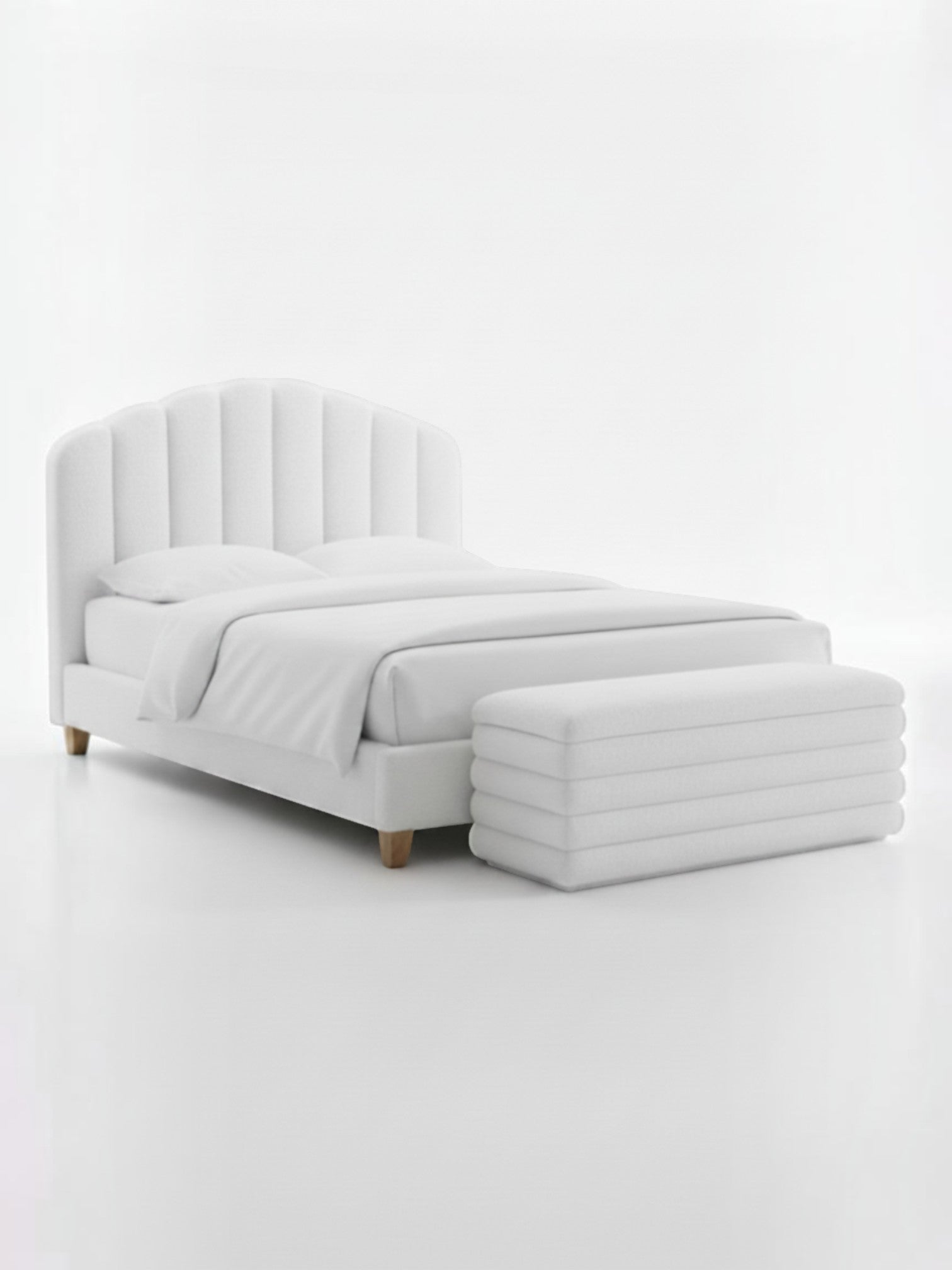 Lit double TOCO Meubles Adele blanc effet peluche avec tête de lit capitonnée et pieds en bois naturel