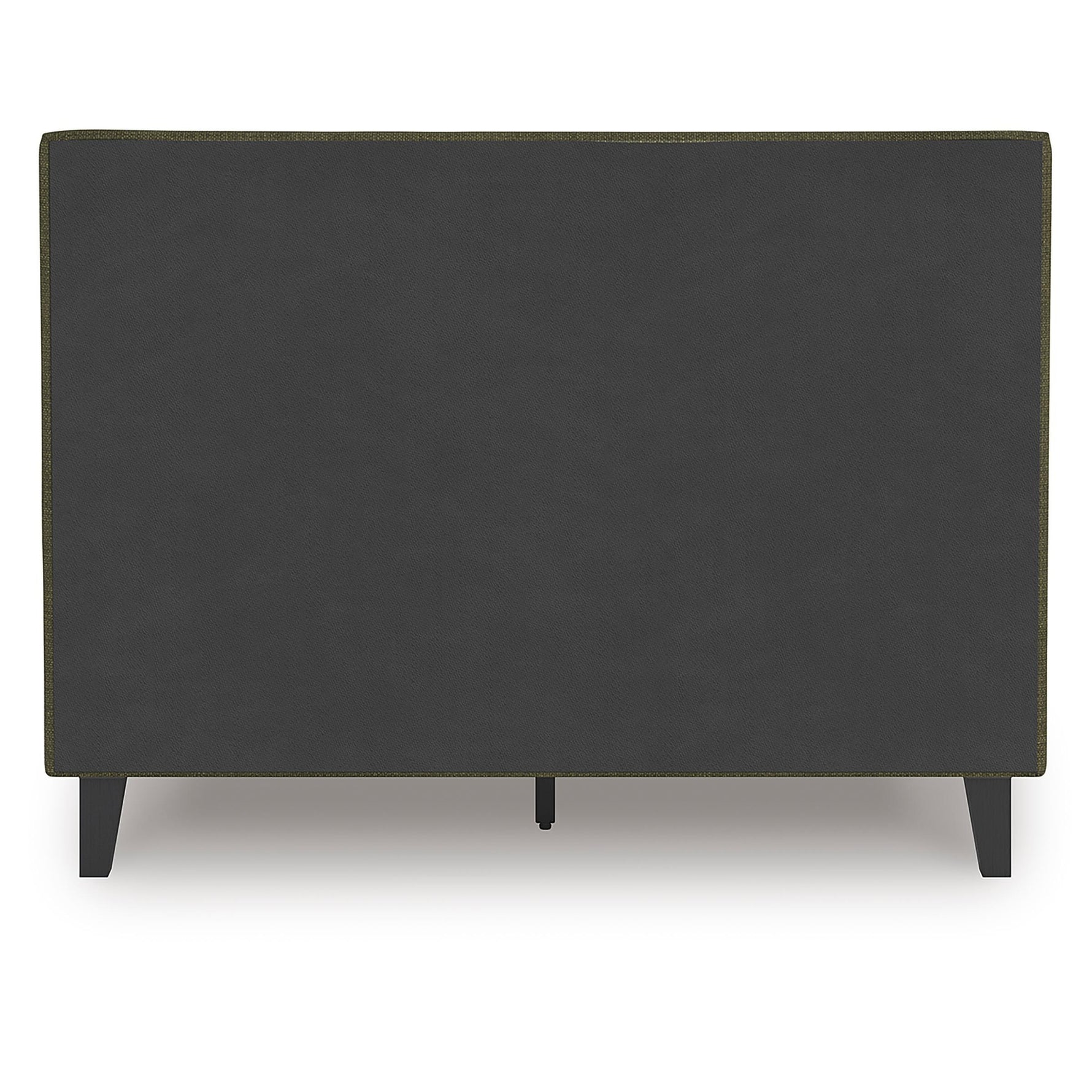 Lit double Alma TOCO Meubles vert sauge entièrement rembourré avec pieds noirs et lattes intégrées.