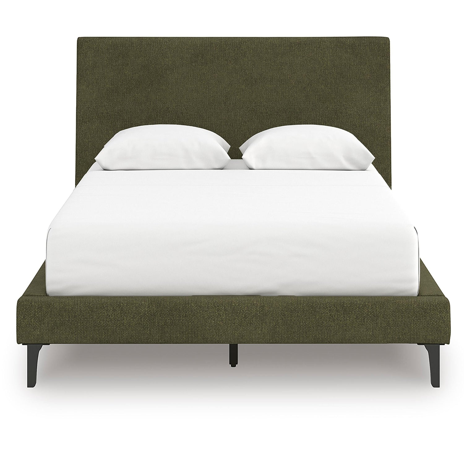 Lit double Alma vert sauge entièrement rembourré par TOCO Meubles, avec un design bas et des lattes intégrées.