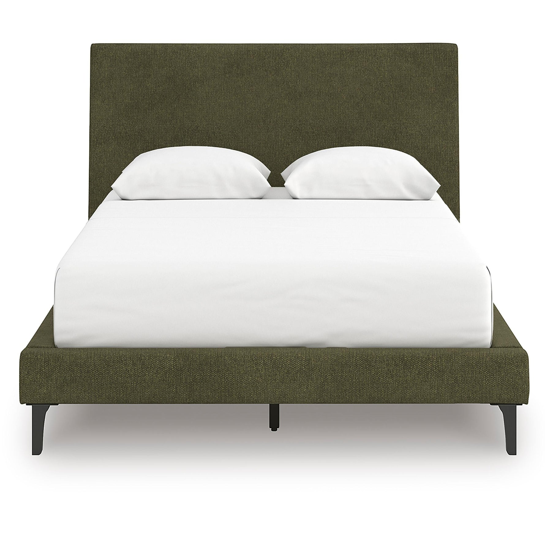 Lit double Alma vert sauge entièrement rembourré par TOCO Meubles, avec un design bas et des lattes intégrées.