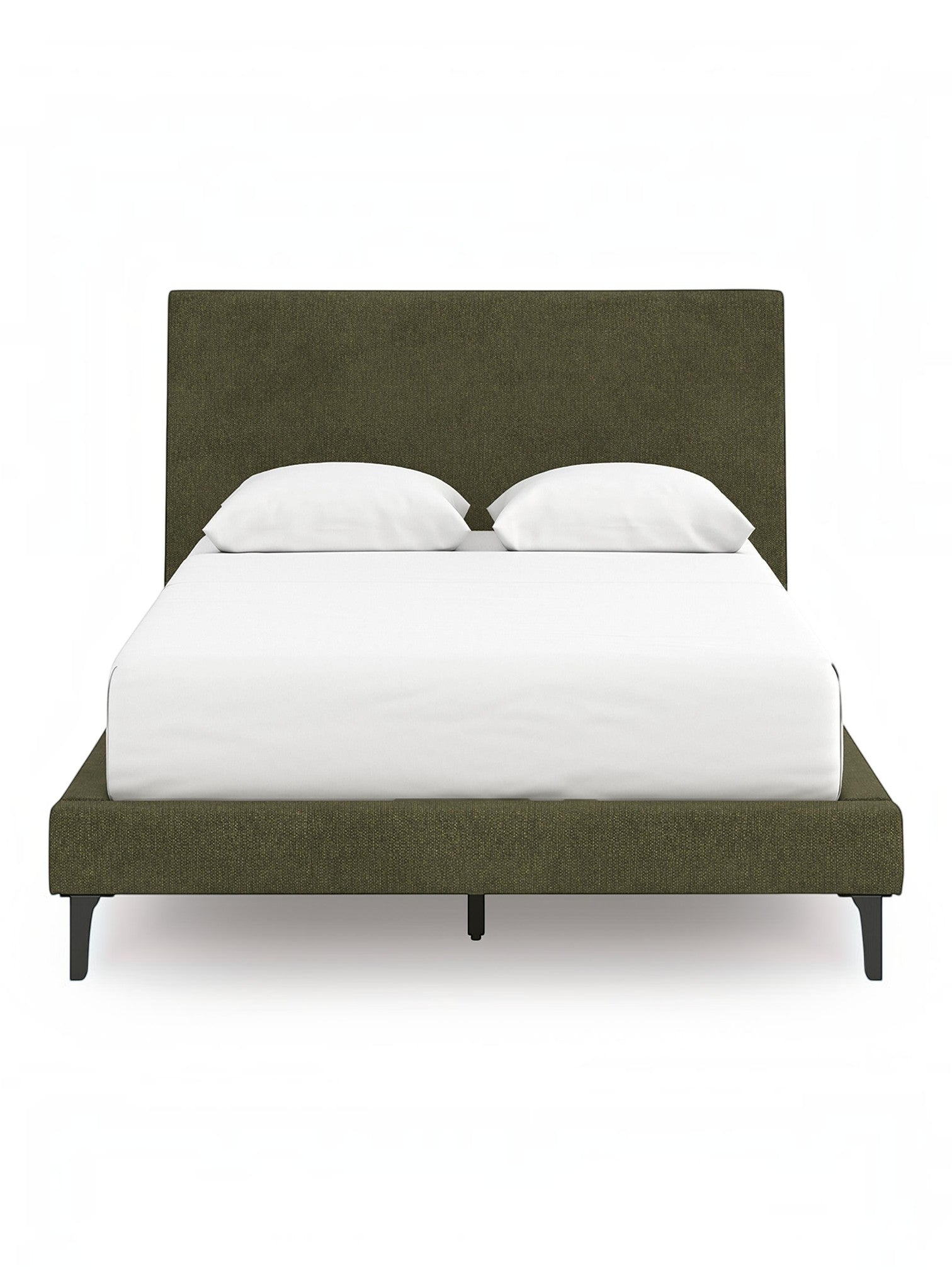 Lit double Alma vert sauge entièrement rembourré par TOCO Meubles, avec un design bas et des lattes intégrées.