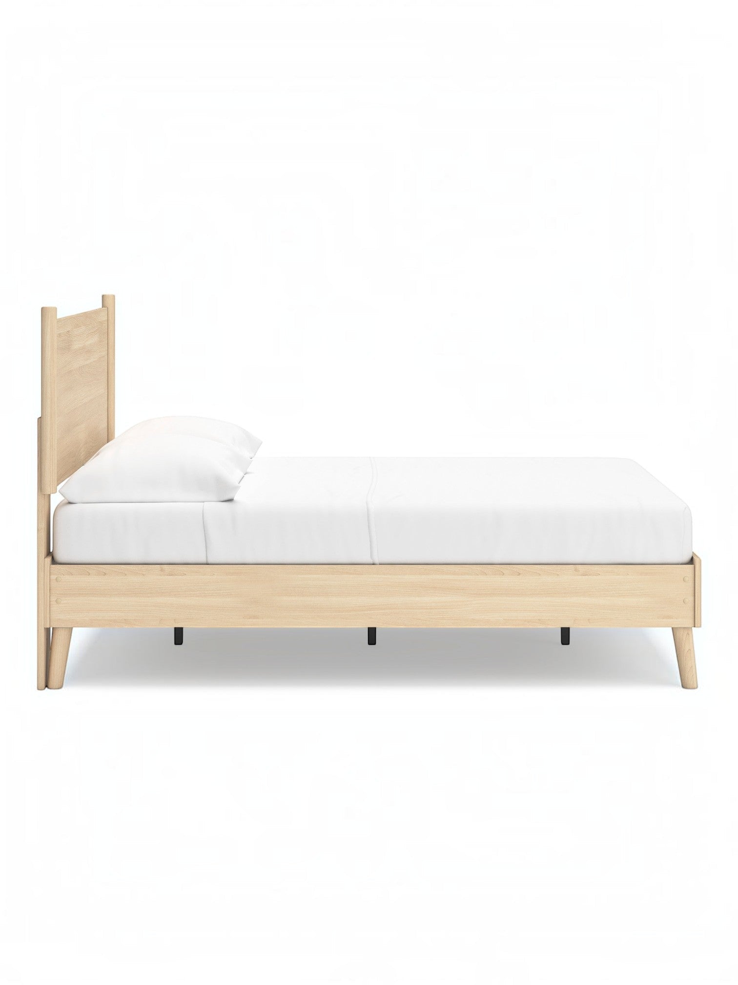 Lit double Anita en bois naturel de TOCO Meubles, style plateforme moderne avec tête de lit simple et pieds fuselés.