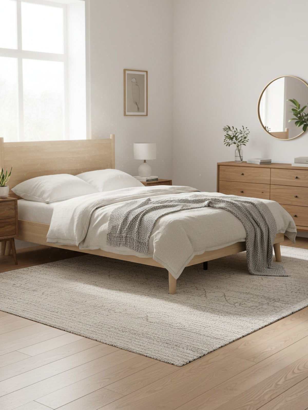 Lit double Anita TOCO Meubles en bois naturel avec tête de lit épurée dans une chambre moderne et lumineuse