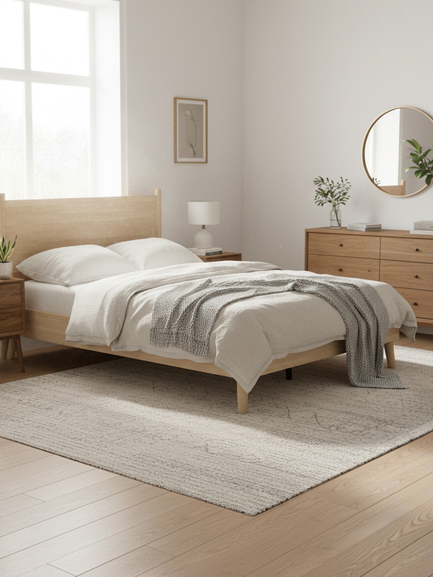 Lit double Anita TOCO Meubles en bois naturel avec tête de lit épurée dans une chambre moderne et lumineuse